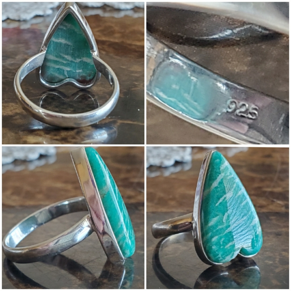 Genuine Teal Amazonite Heart Ring Size 10 - Picture 5 of 7